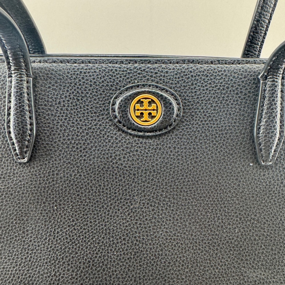 Tory Burch Womens Robinson Tote Pebbled Leather Gold Logo Black Handbag Large - Picture 10 of 16